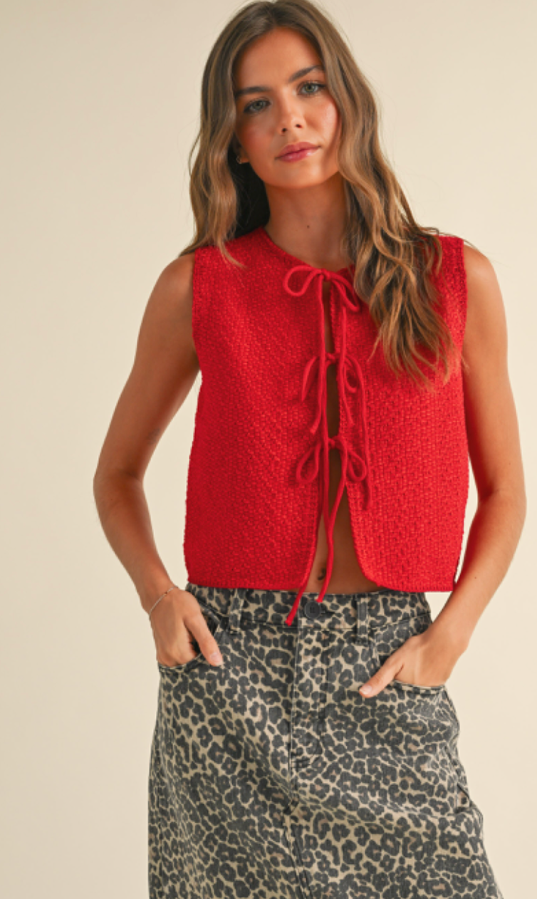 Knitted Tie Front Tank Red