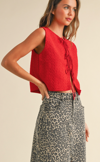 Knitted Tie Front Tank Red