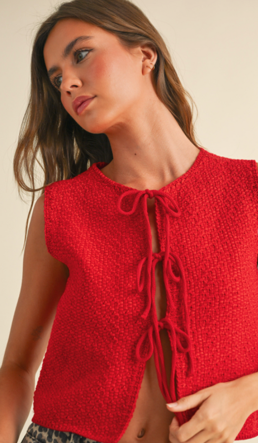 Knitted Tie Front Tank Red