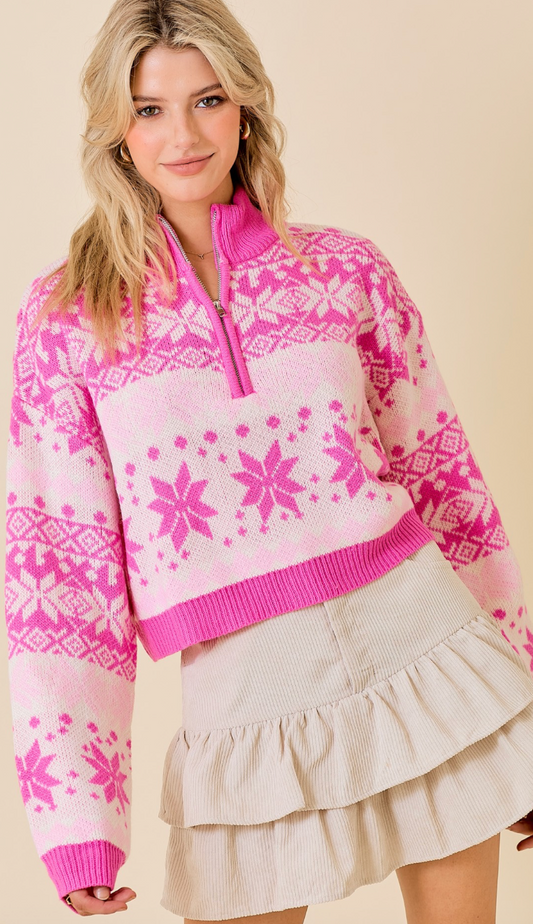 Pink Zip Up Fairisle Sweater