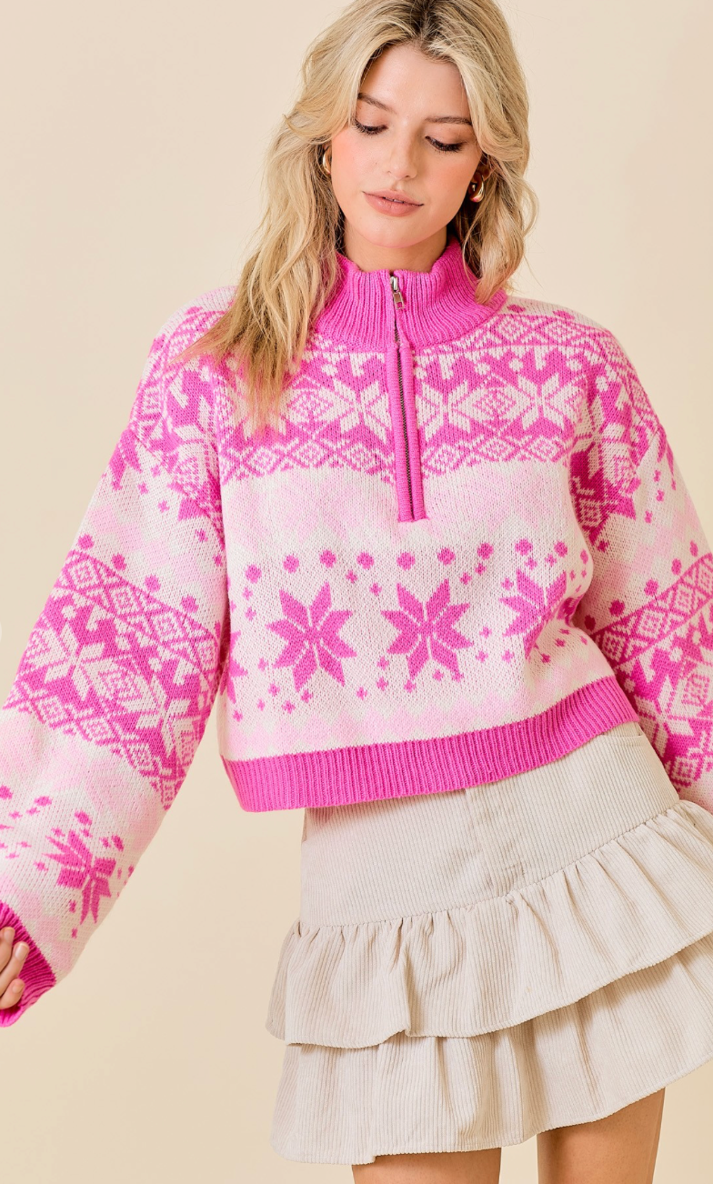 Pink Zip Up Fairisle Sweater