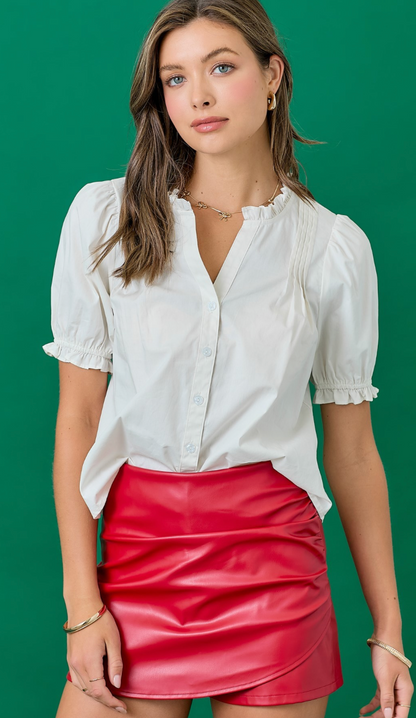 Red Pleather Ruched Mini Skirt