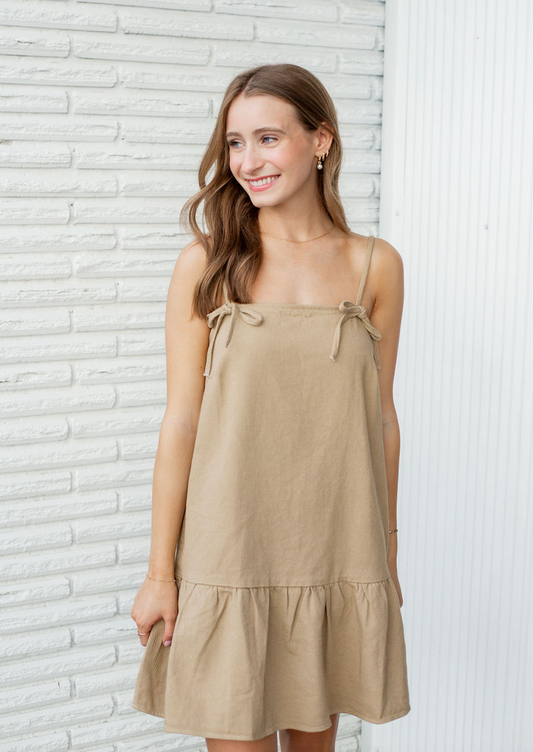 Bow Straps Khaki Denim Dress