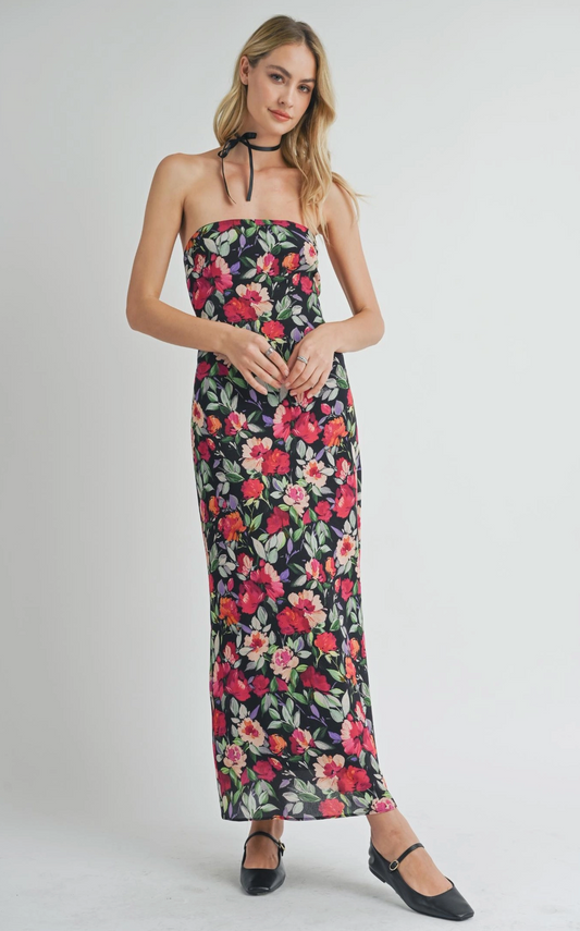 Night Blooms Strapless Floral Dress