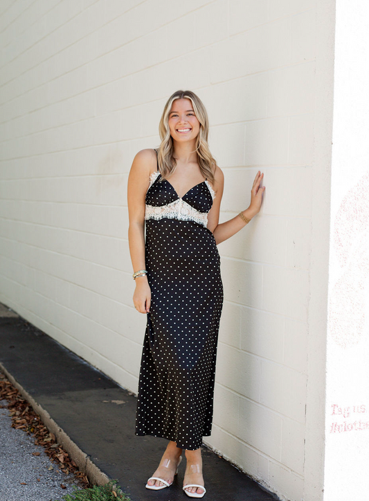 Satin Polka Dot Midi Lace Dress