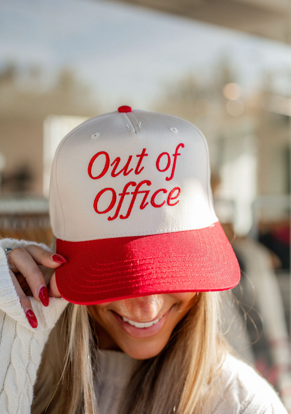 Out of Office Trucker Hat Cream/Red