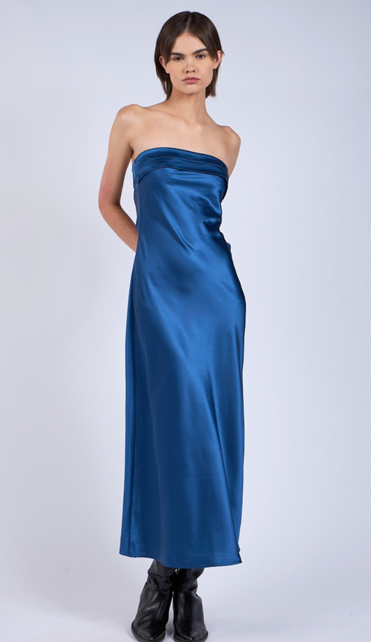 Strapless Satin Midi Dress Navy