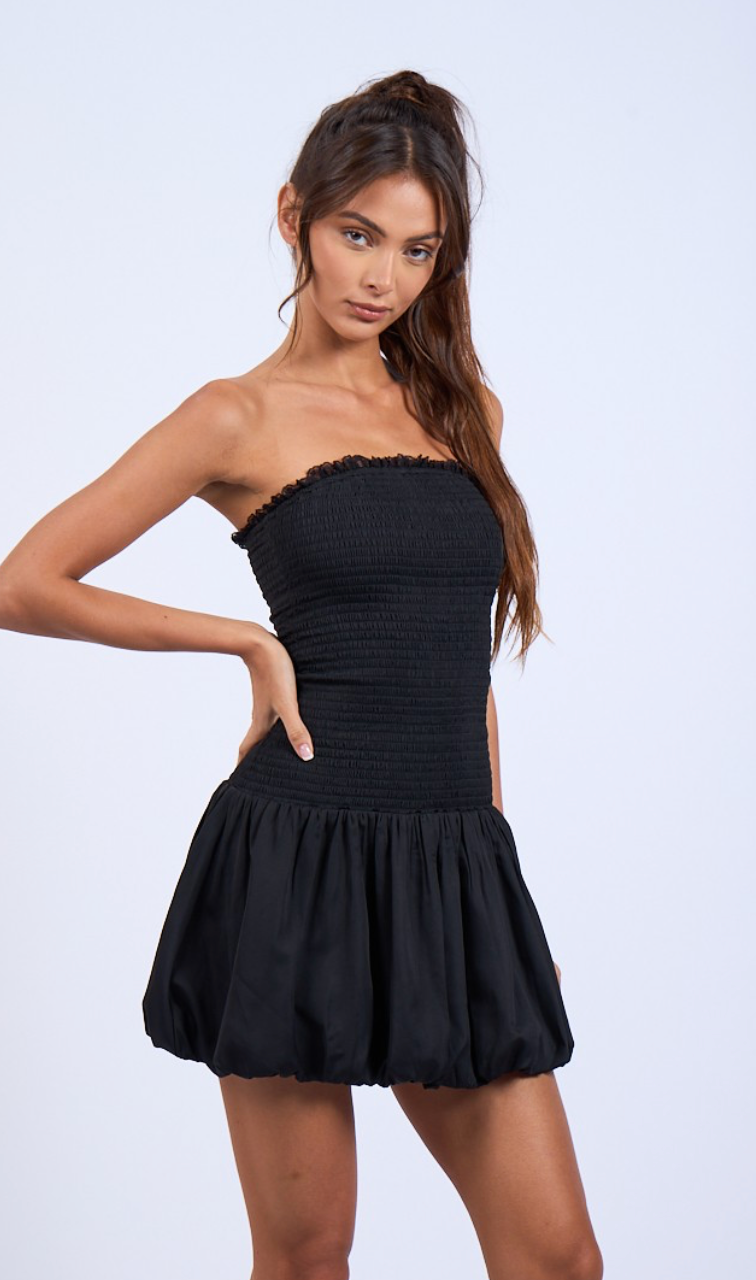 Bubble Hem Smock Dress Black