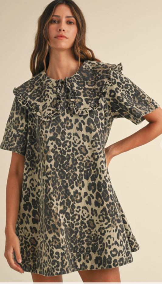 Leopard Collared Denim Dress