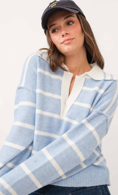 Blue Stripe V-neck Sweater