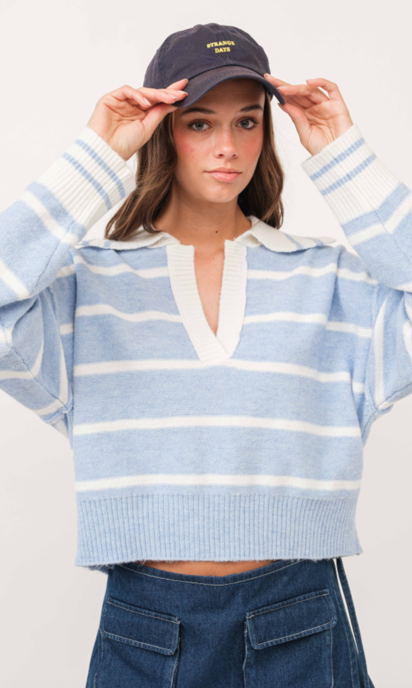 Blue Stripe V-neck Sweater