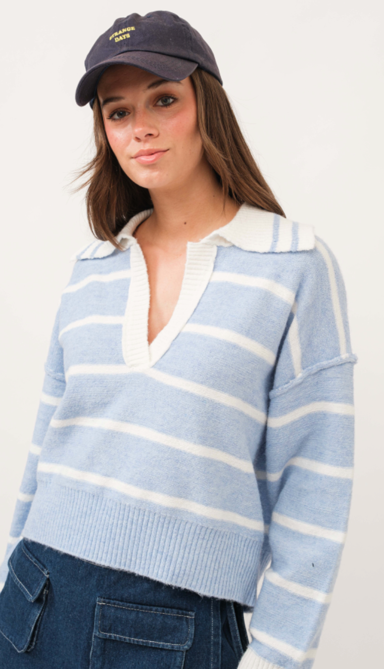 Blue Stripe V-neck Sweater