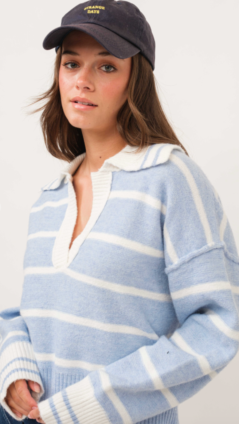 Blue Stripe V-neck Sweater