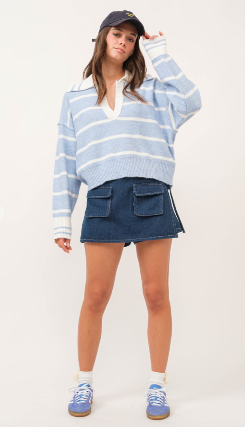 Blue Stripe V-neck Sweater