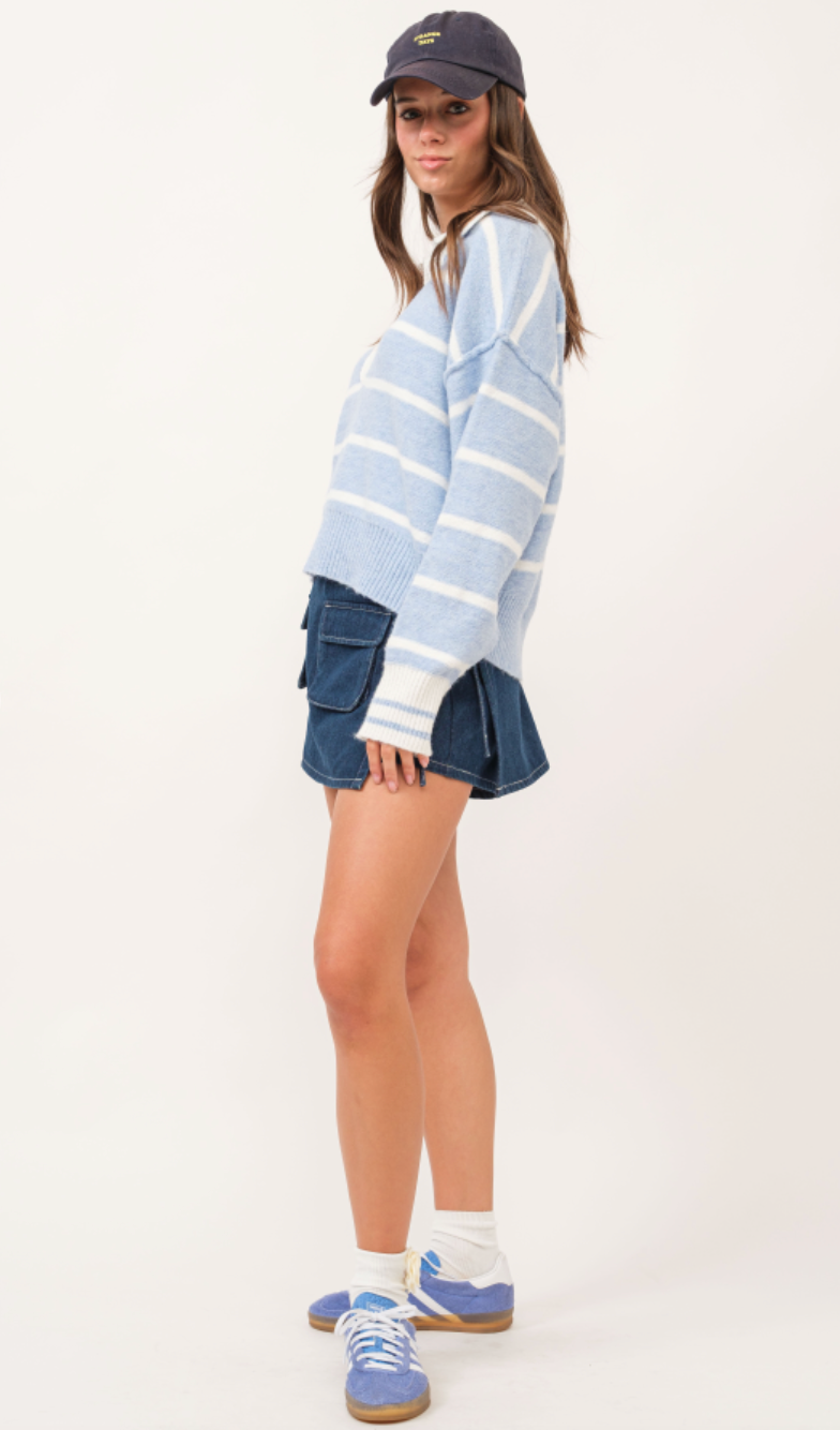 Blue Stripe V-neck Sweater