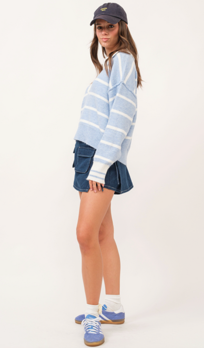 Blue Stripe V-neck Sweater