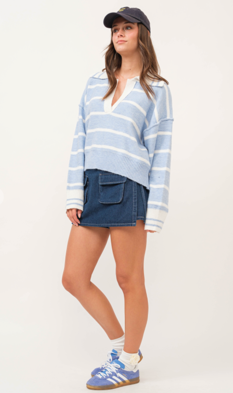 Blue Stripe V-neck Sweater