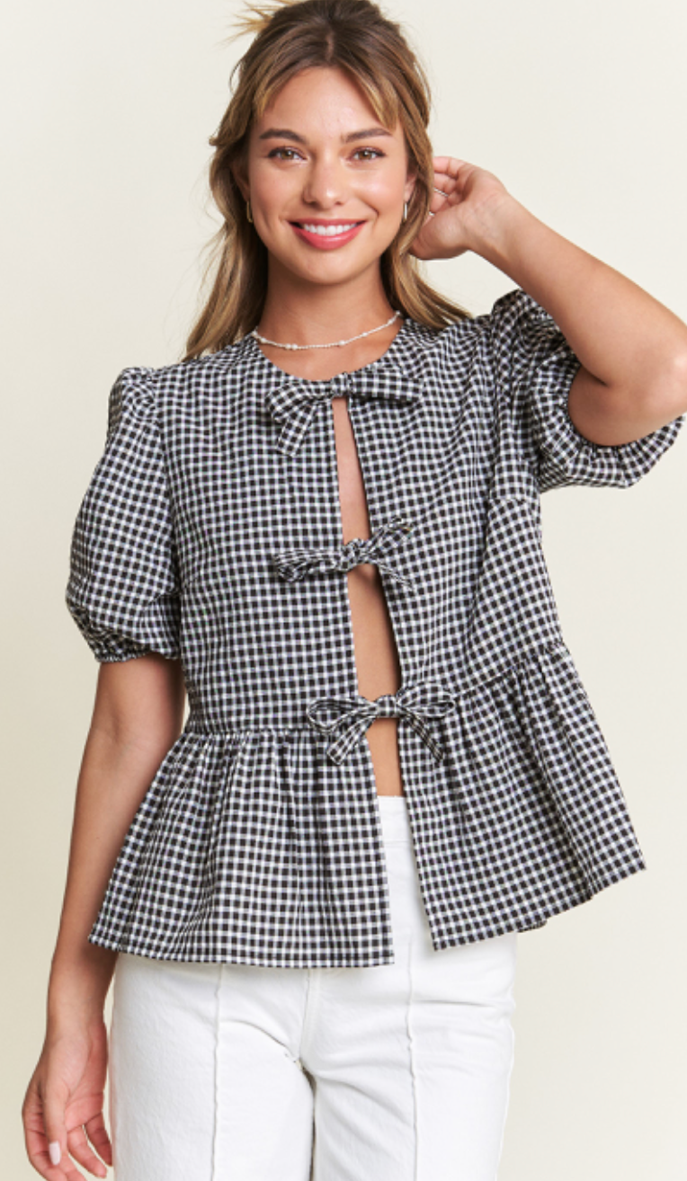 Front Bow Gingham Top Black