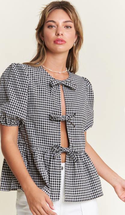 Front Bow Gingham Top Black