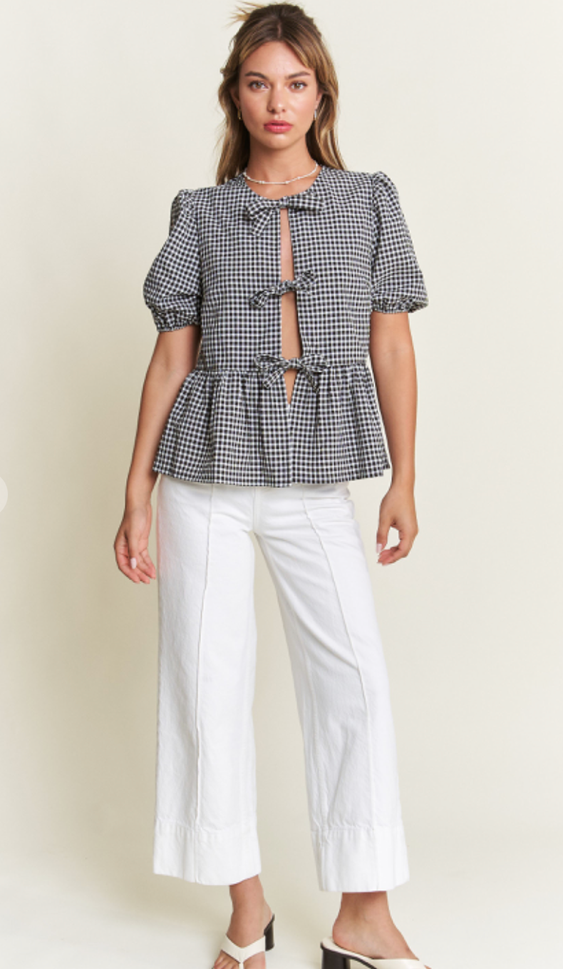 Front Bow Gingham Top Black