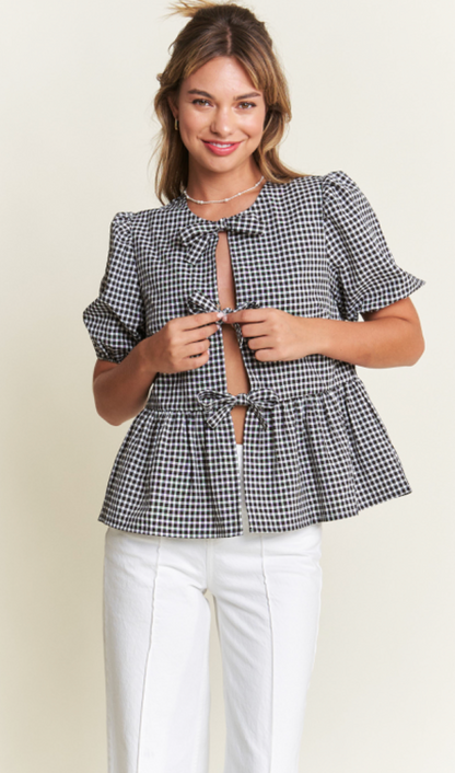 Front Bow Gingham Top Black