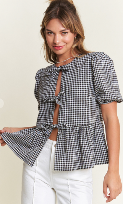 Front Bow Gingham Top Black