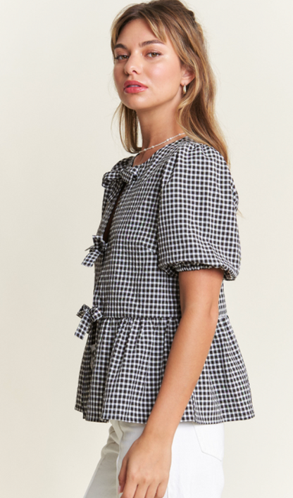 Front Bow Gingham Top Black