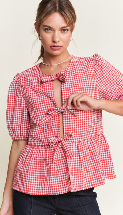 Front Bow Gingham Top Red