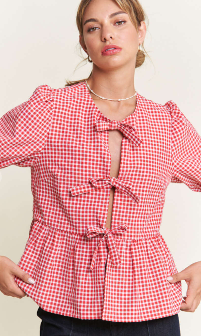 Front Bow Gingham Top Red