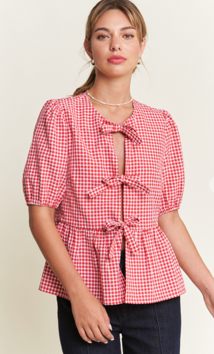 Front Bow Gingham Top Red