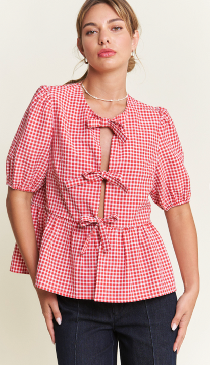 Front Bow Gingham Top Red