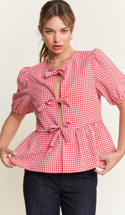 Front Bow Gingham Top Red