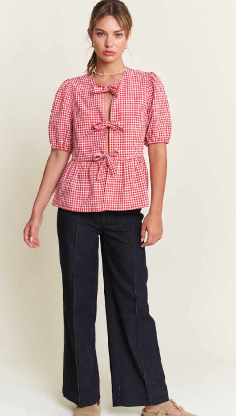 Front Bow Gingham Top Red