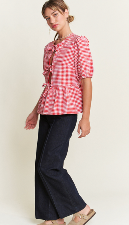 Front Bow Gingham Top Red