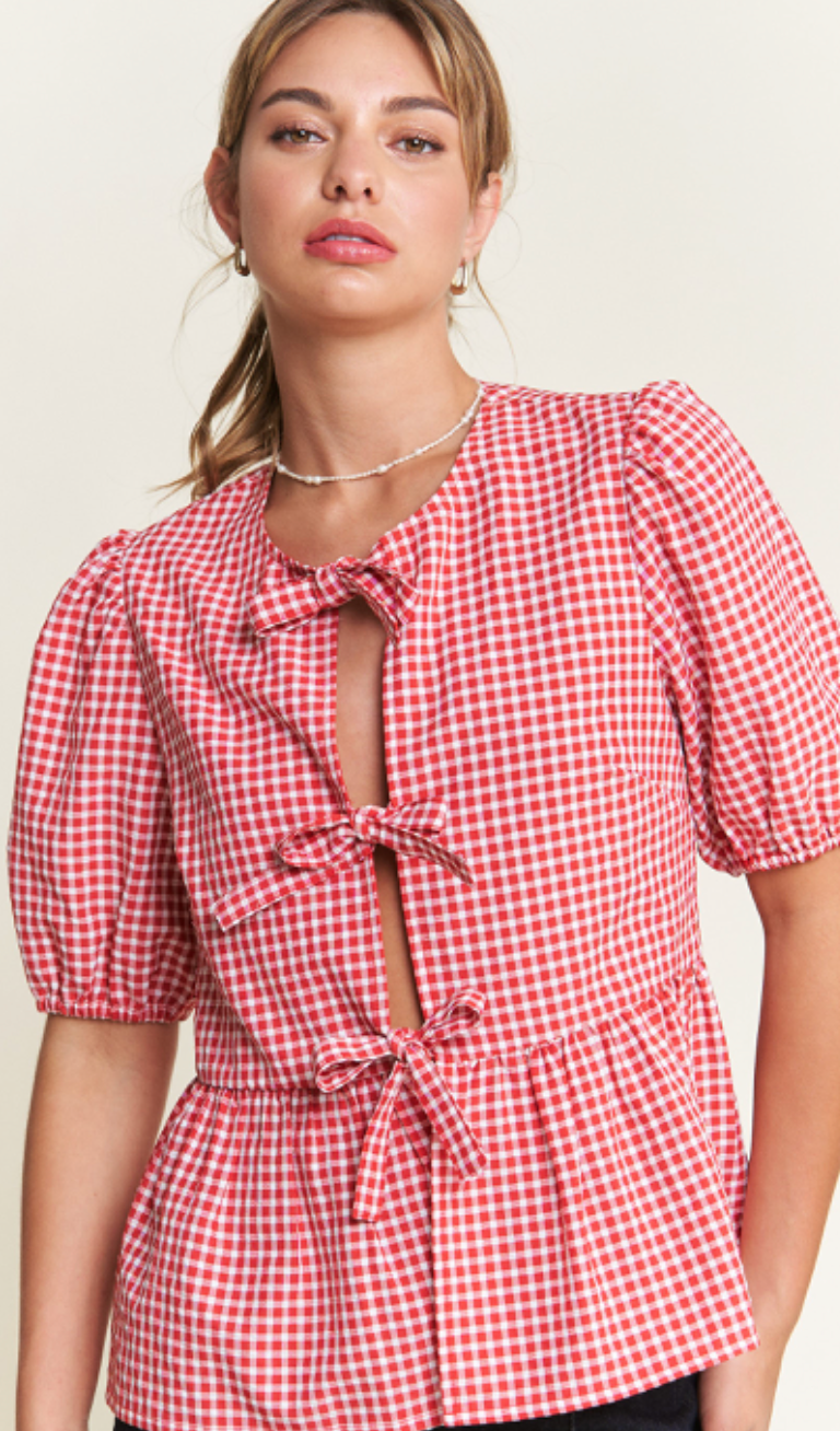 Front Bow Gingham Top Red