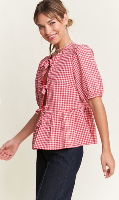 Front Bow Gingham Top Red