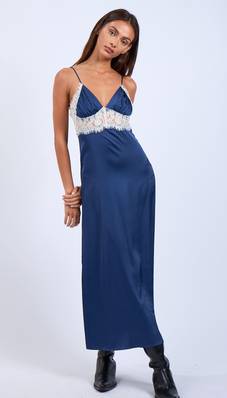 Lace & Satin Midi Dress Navy