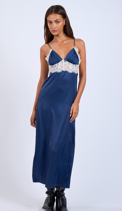 Lace & Satin Midi Dress Navy