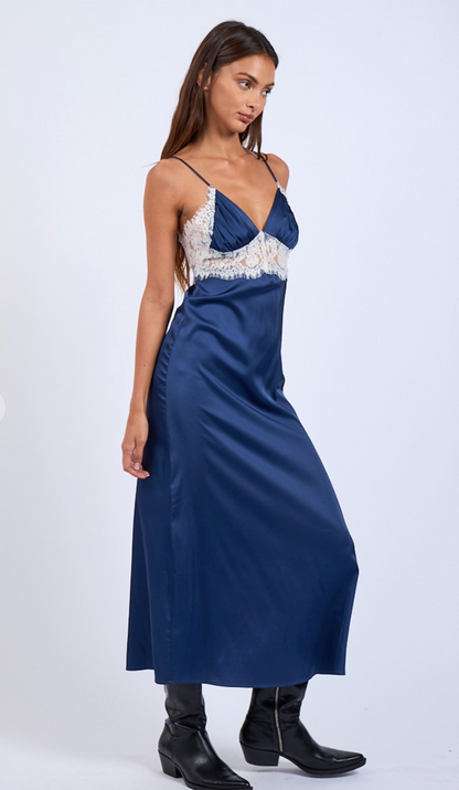 Lace & Satin Midi Dress Navy