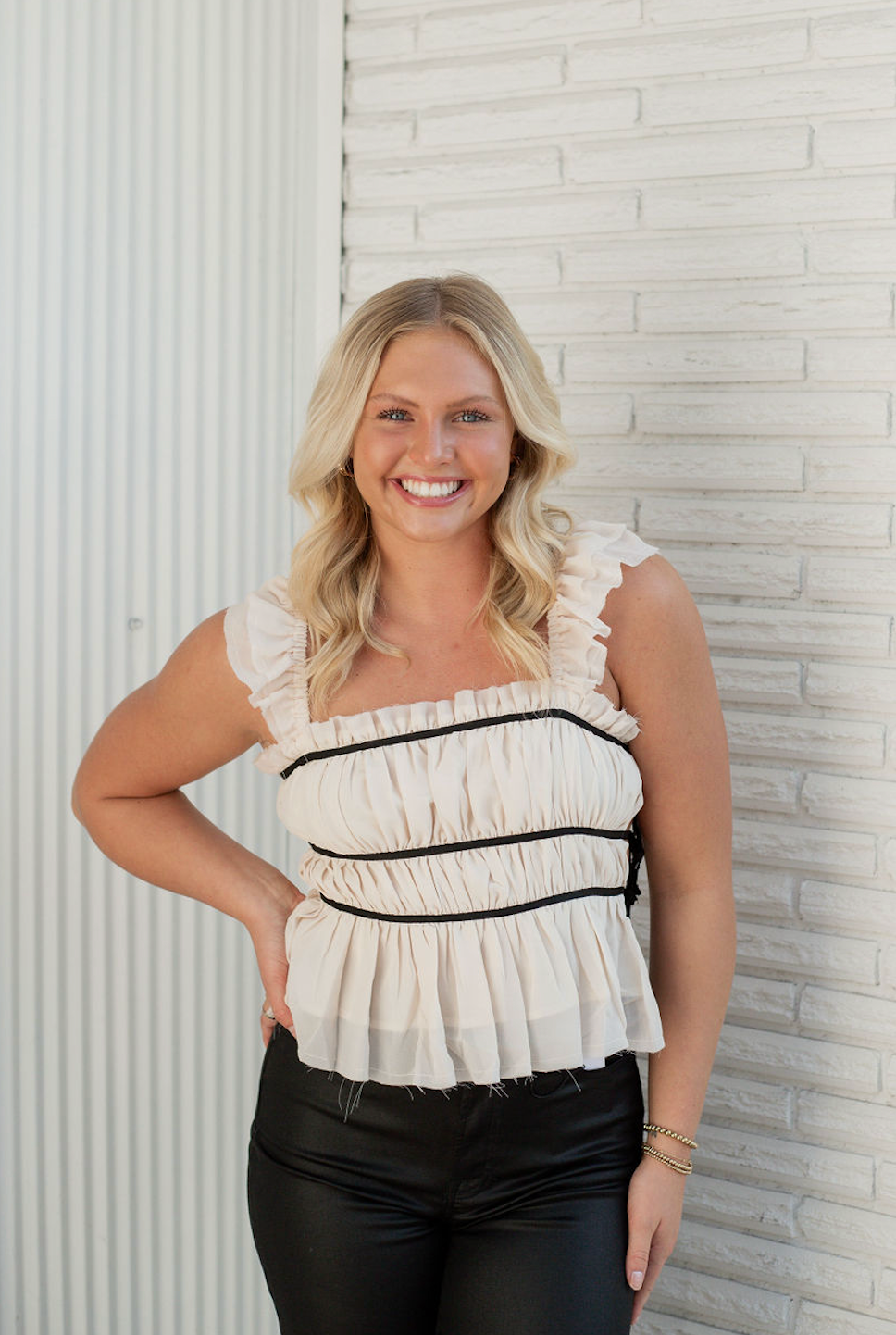 Side Ties Chiffon Top Ivory/Black