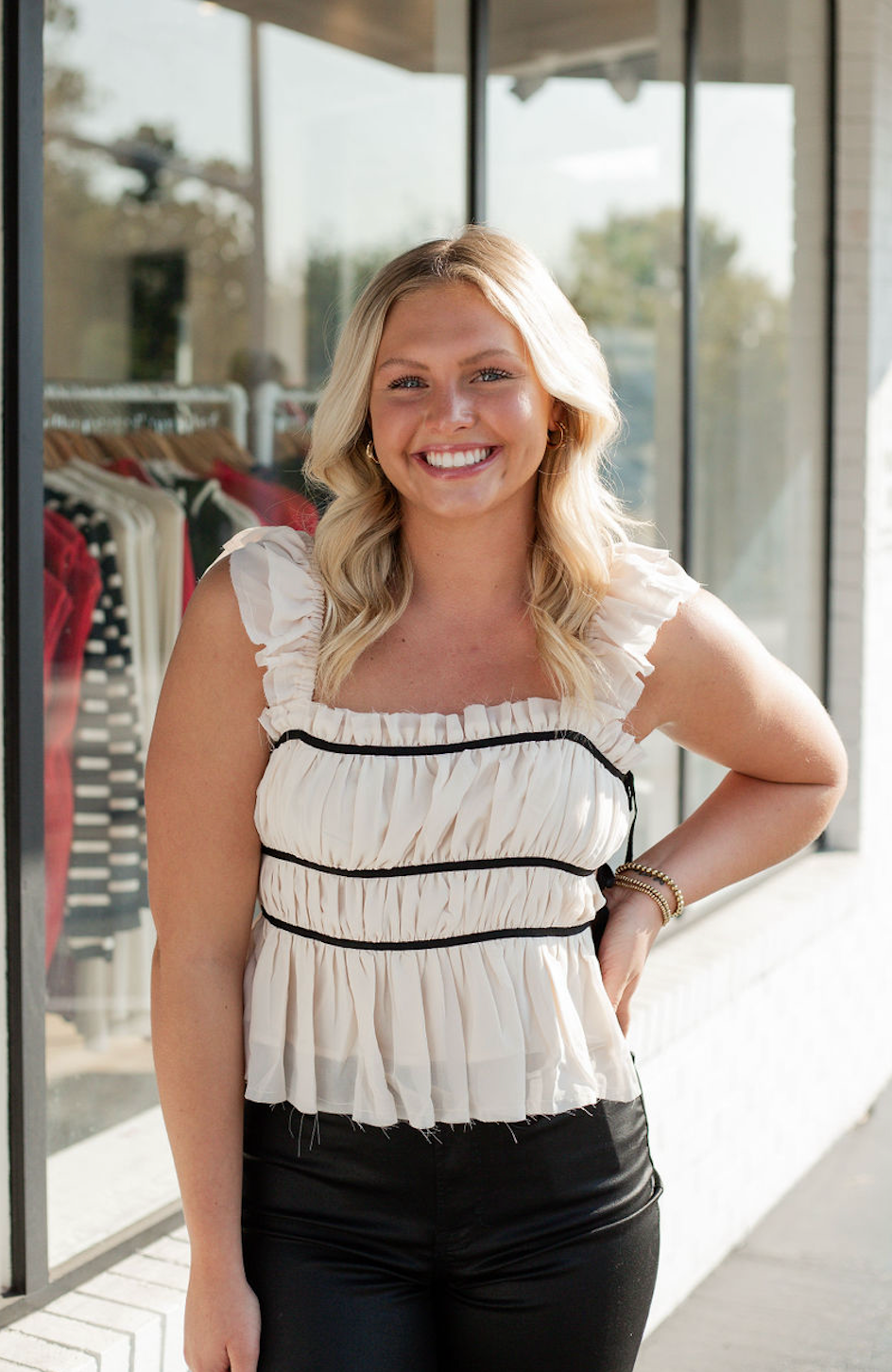 Side Ties Chiffon Top Ivory/Black