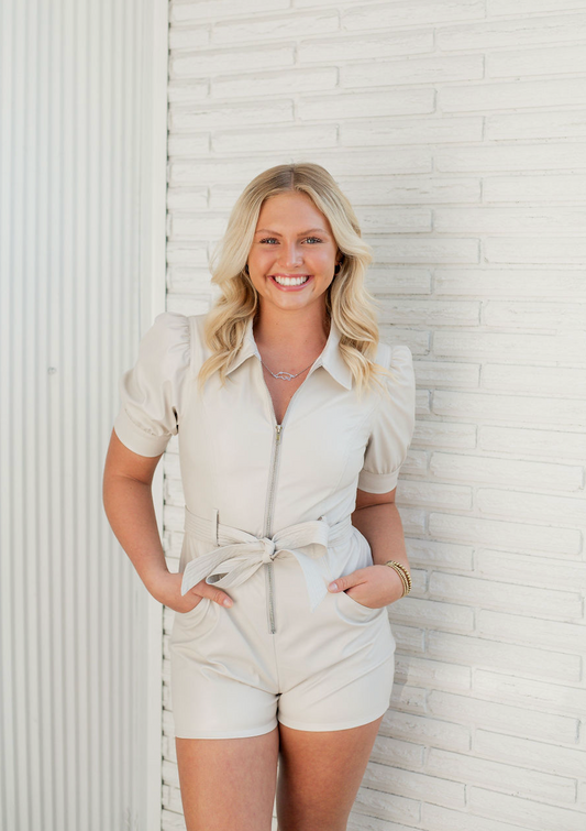 Faux Leather Romper w/ Belt Cream