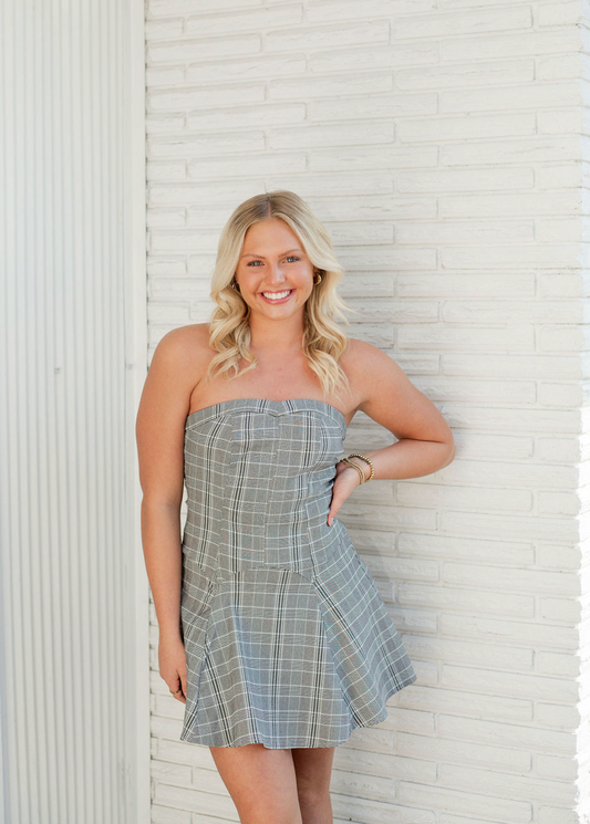 Grey Plaid Strapless Dress