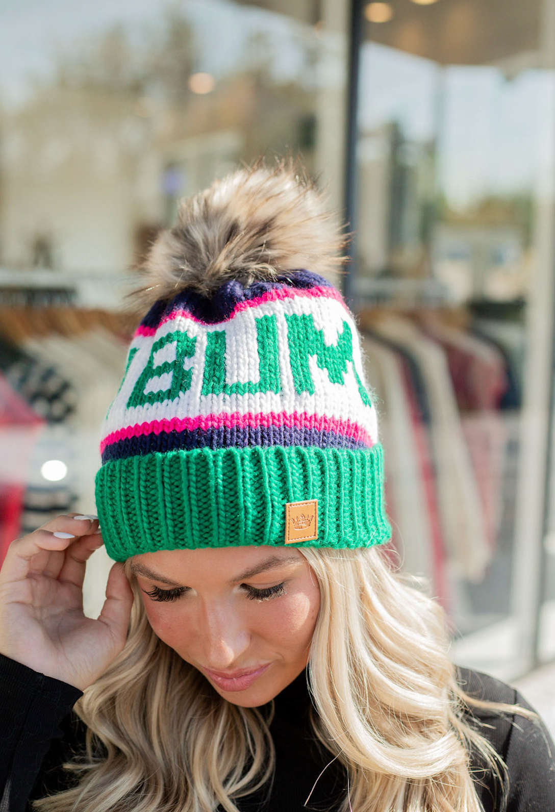 Ski Bum Pom Beanie Navy & Pink