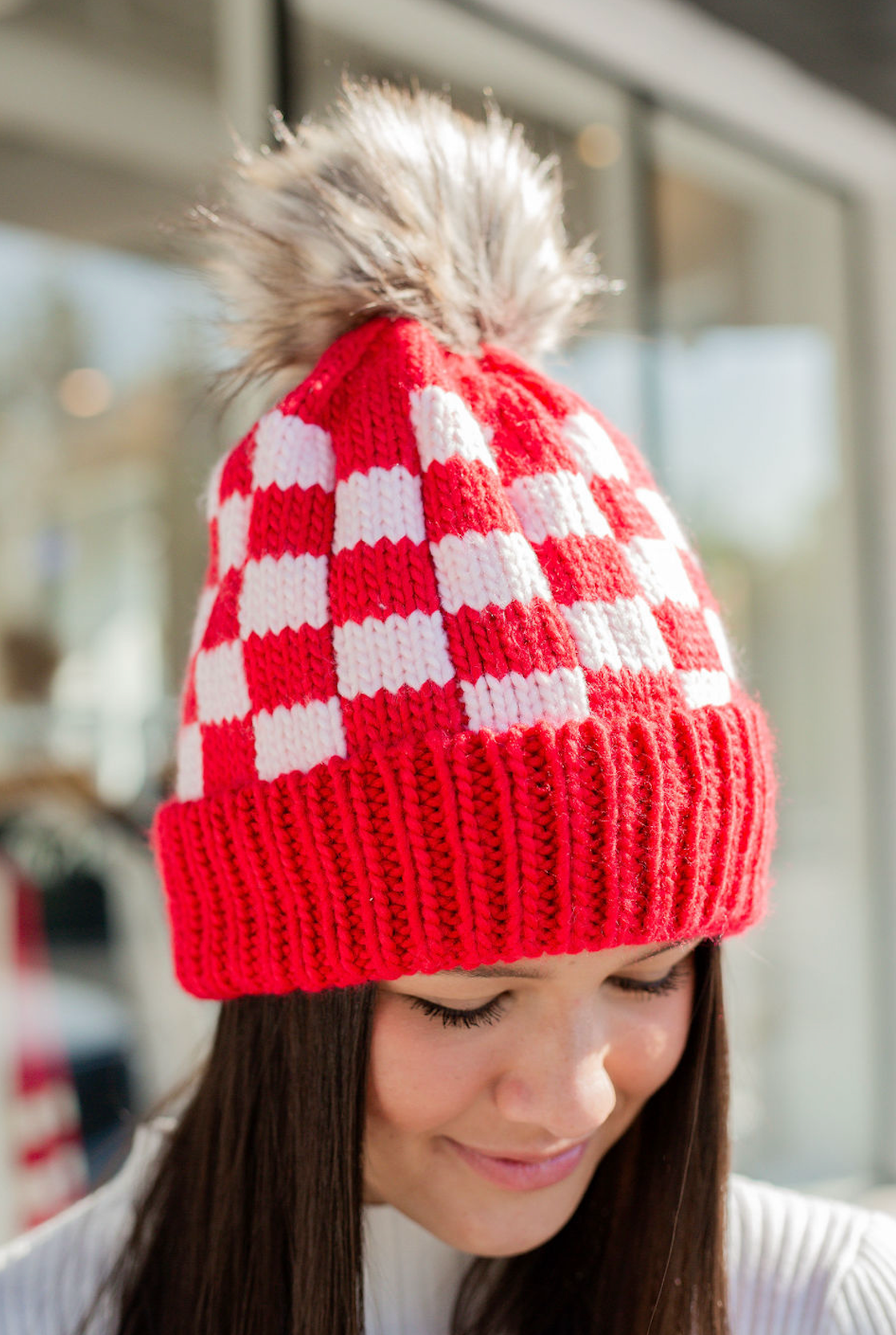 Red & Pink Check Pom Pom Beanie