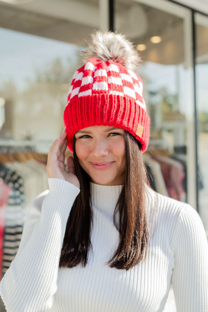 Red & Pink Check Pom Pom Beanie