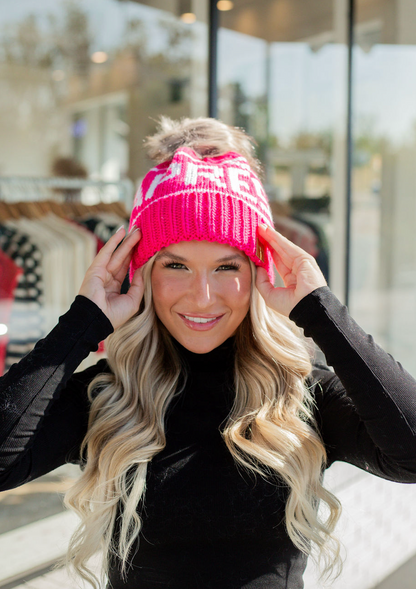 Apres Pom Beanie Pink & White