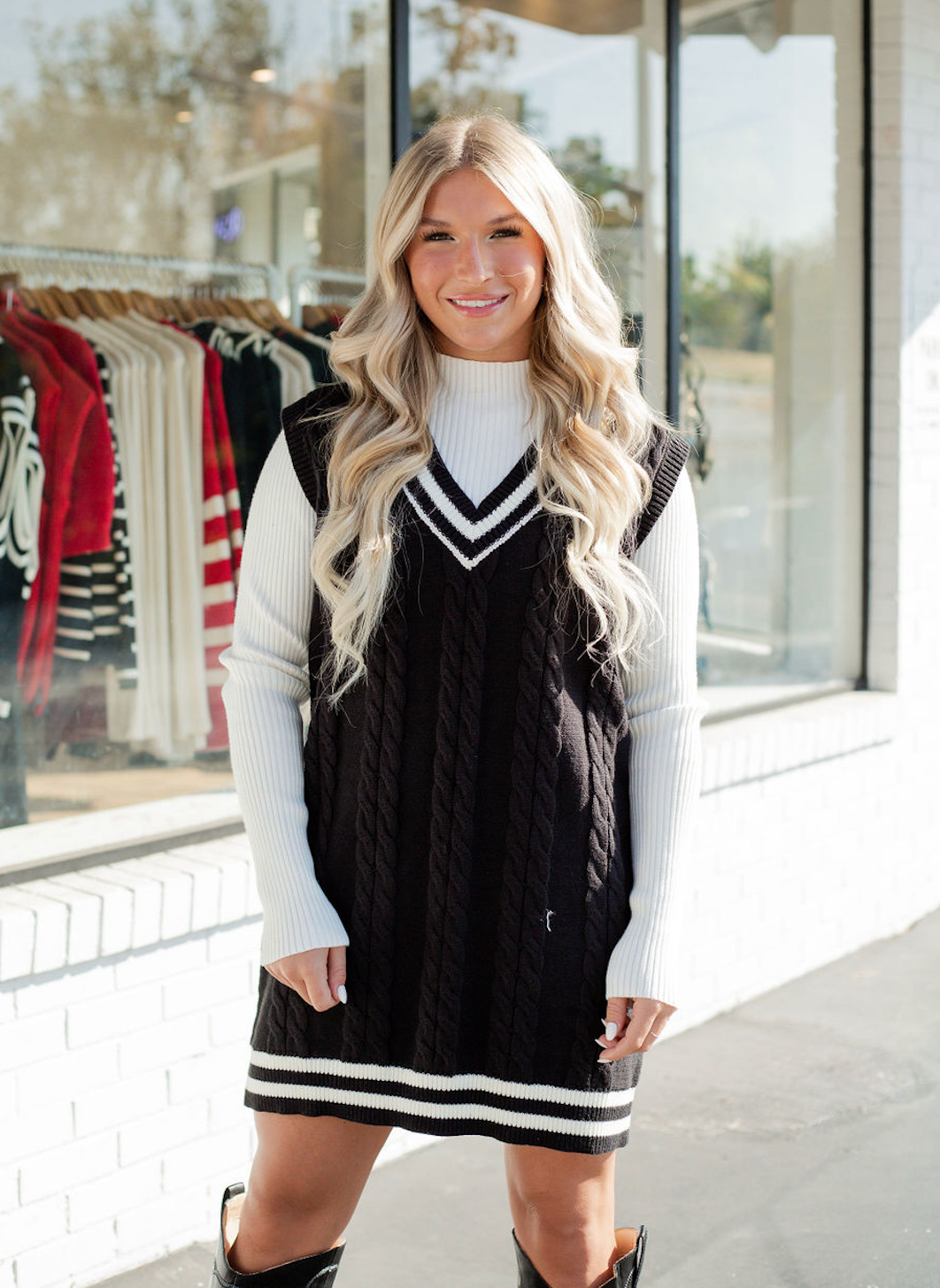 Cable Knit Vest Dress Black