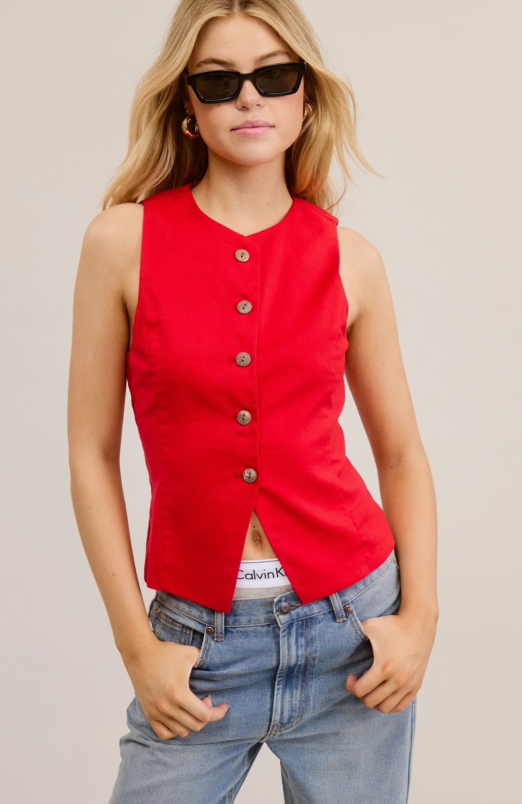 Red Button Down Fitted Top