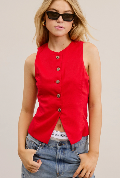 Red Button Down Fitted Top